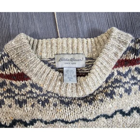 Vintage Eddie Bauer Sweater Mens XL Beige Wool Fisherman Fair Isle Snowflake - Picture 3 of 6